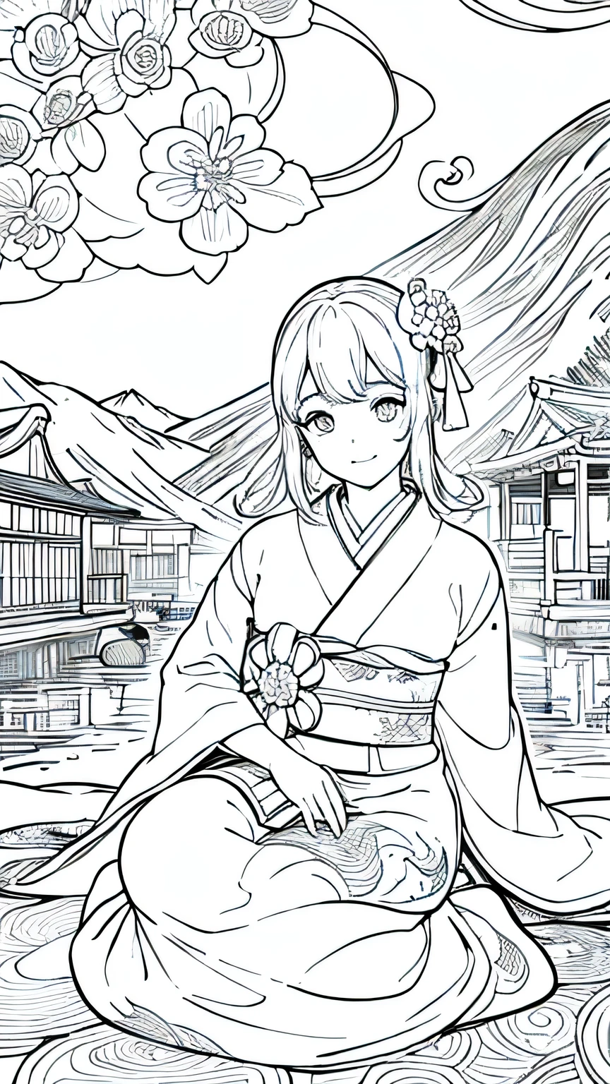 Obra maestra, superlativo,solamente, Dragon cute , flower line drawing background, fondo blanco, monocromo, line drawing, ((bosquejo)), spooky, white eyes, Please create a simple monochrome coloring book that even a can do, depicting a realistic and cute ukiyo-e illustration of a girl in a kimono, in various poses, with a Japanese garden in the background, that conveys Japanese culture.