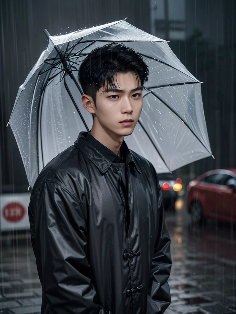 1 Handsome chinese slim guy, 20 years old, Hair combed smoothly, in a bustling city，cold rain, stands alone in the rain，His eyes are confused，The expression is sad，Gloomy eyes， and strong, The rain washed over his cheeks。He insists on waiting，Believe that the one you love will come back。without umbrella 
