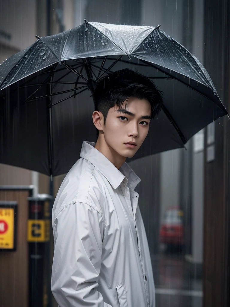 1 Handsome chinese slim guy, 20 years old, Hair combed smoothly, in a bustling city，cold rain, stands alone in the rain，His eyes are confused，The expression is sad，Gloomy eyes， and strong, The rain washed over his cheeks。He insists on waiting，Believe that the one you love will come back。without umbrella 