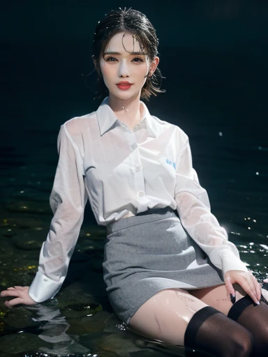 K-POPグループTWICEのモモ, (TWICE Kポップ)1 girl, (((Wearing a white buttoned long sleeve collared shirt))), (((Very short light grey skirt))), (((Long black stockings))), Glowing Skin, Very wet coagulation, (((Ultra-detailed water on body))), (((Body covered in water))), (((Girl&#39;s clothes soaked in water))), ((((Black background)))), Background God Rays, Very beautiful flowing hair, Perfect Skin, Perfect Makeup, A shirt wrapped tightly around the chest, (Focus on the details of the breast and the wrinkles around it ), A more prominent overview), squat, Spread your legs, White panties, White panties showing, ((((Grabbing the breast with both hands)))), Five fingers on one hand, Only 10 fingers shown, (((Anatomy correct hand))), Claw shaped hand, Hands clutching chest, Fingertips sink into breasts, Very tight shirt, Girl playing with her breasts, (((Very large breasts))), Full Body Shot, Highly detailed face, Very fine grain, 