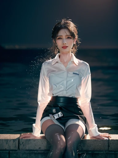 K-POPグループTWICEのモモ, (TWICE Kポップ)1 girl, (((Wearing a white buttoned long sleeve collared shirt))), (((Very short light grey skirt))), (((Long black stockings))), Glowing Skin, Very wet coagulation, (((Ultra-detailed water on body))), (((Body covered in water))), (((Girl&#39;s clothes soaked in water))), ((((Black background)))), Background God Rays, Very beautiful flowing hair, Perfect Skin, Perfect Makeup, A shirt wrapped tightly around the chest, (Focus on the details of the breast and the wrinkles around it ), A more prominent overview), squat, Spread your legs, White panties, White panties showing, ((((Grabbing the breast with both hands)))), Five fingers on one hand, Only 10 fingers shown, (((Anatomy correct hand))), Claw shaped hand, Hands clutching chest, Fingertips sink into breasts, Very tight shirt, Girl playing with her breasts, (((Very large breasts))), Full Body Shot, Highly detailed face, Very fine grain, 