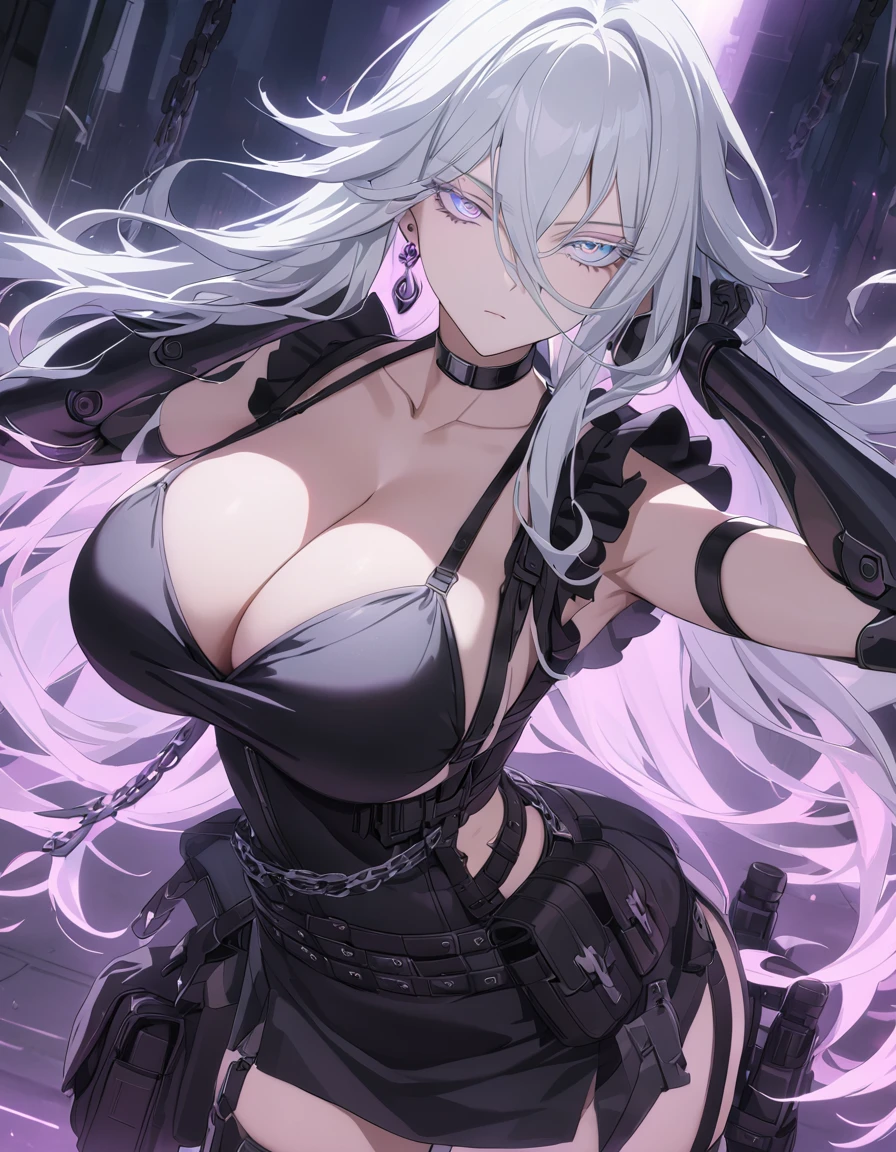 sovetsky_Soyuz, unique eye color, long hair, earrings, choker, webbed belt, tactical, pouches, chain, black maid outfit, frills, apron, weapon Holster, webbed belt, tactical, pouches, short skirt, metal gloves, black thighhighs, Cleavage, large breasts, sharp eyes, Long eyelashes, eye shadow, long white hair, ominous vibe, expressionless, stoic, arms crossed, aesthetic light glow, shadowy, Ultra quality, UHD, high detail, anime aesthetic, Anime screenshot, Ultra quality, UHD, high detail