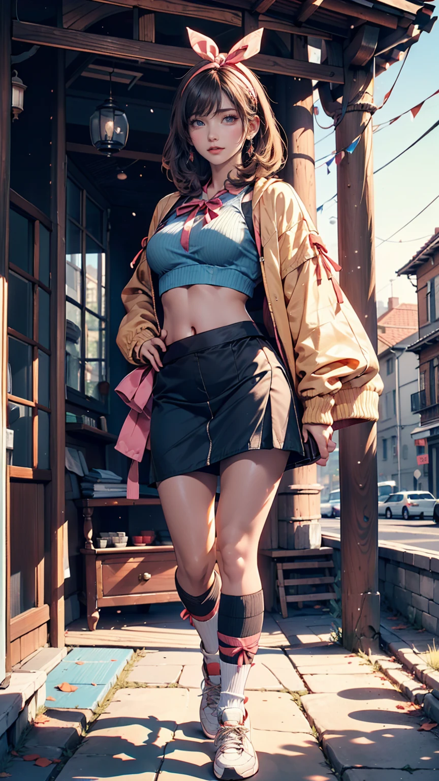 19-year-old female、Sexy proportionidriff Jacket((midriff jacket))、Low rise mini flare skirt、High Knee Socks、sneakers、Top view、Pastel color background with shadows falling on the ground、hair band((hair ribbon))、kawaii、Dynamic screen