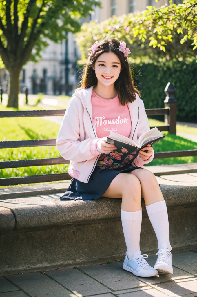 Photo, ((autofocus)), (landscape),(masterpiece),(details),A European girl, sitting in the park reading a book, details of blue eyes, cheerful smile, pink t-shirt, white jacket, pink mini skirt. Beautiful and cool garden, pink tulips, bright blue clouds. The atmosphere of London in the afternoon, Sunset. UHD. The image details are very clear and crisp, the details are stunning.