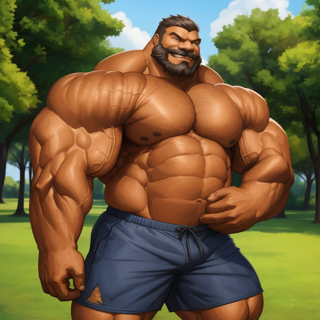 1boy, 1man, solo. Park, extremely huge muscular, massive muscular, full-body , (topless, shirtless, shorts), well-muscled old man. ((extremely muscle size, super thick arms, huge pec, extremely wide pectoral , huge arms)), wide smiling. Add textures and details to make the image more realistic, such as the appearance of the. Make sure the resulting image is high resolution, 8K quality