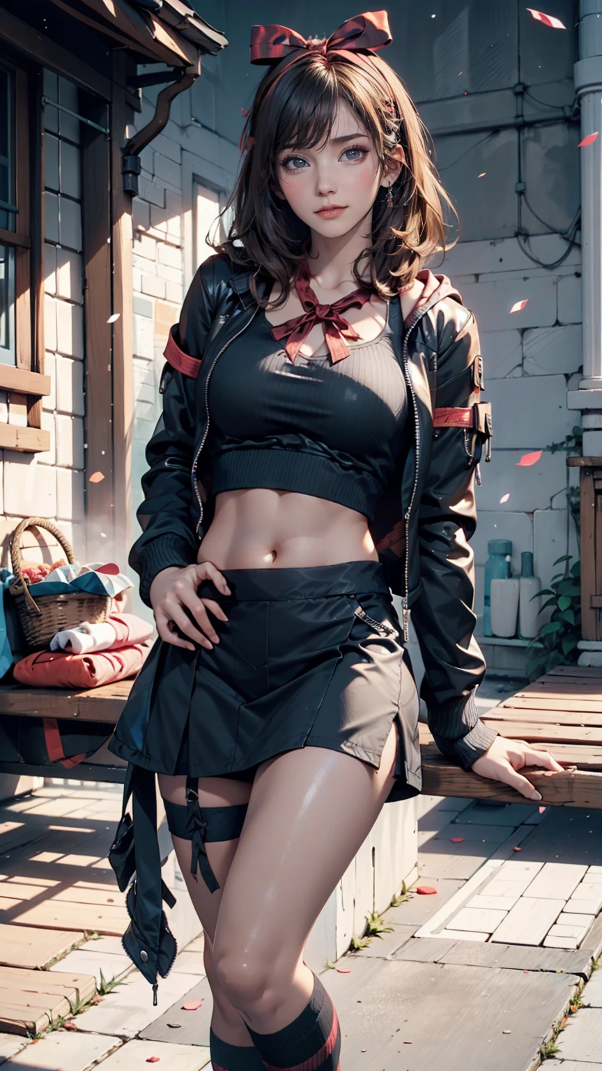 19-year-old female、Sexy proportionidriff Jacket((midriff jacket))、Low rise mini flare skirt、High Knee Socks、sneakers、Top view、Pastel color background with shadows falling on the ground、hair band((hair ribbon))、kawaii、Dynamic screen