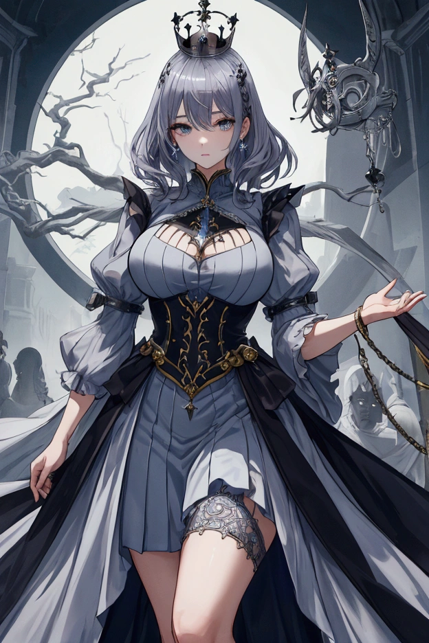 Highest quality, masterpiece, Ultra-high resolution, Beauty、Big Breasts、bluish-gray hair、Beautiful short hair、Well-proportioned face、Tied waist、Fair skin、smooth skin、Neat clothes、Crown of the Demon King、Handcuffed、Are standing、A guillotine can be seen in the background.