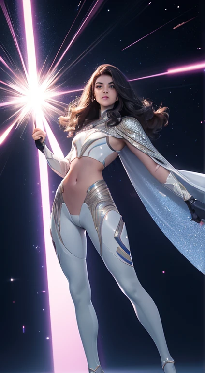 A beautiful masculine man wearing a short translucent Cyclops suit, long hair, seductive, orgasmic, erotic, sensual, thighs, perfect anatomy, full body pose, nacre, midriff, skin pores, perfect face, iridescent robe, sharp details, posing as a delicate knight, surreal, field of stars, insanely detailed, glitter, sparks, muted colors, sharp focus, emitting diodes,