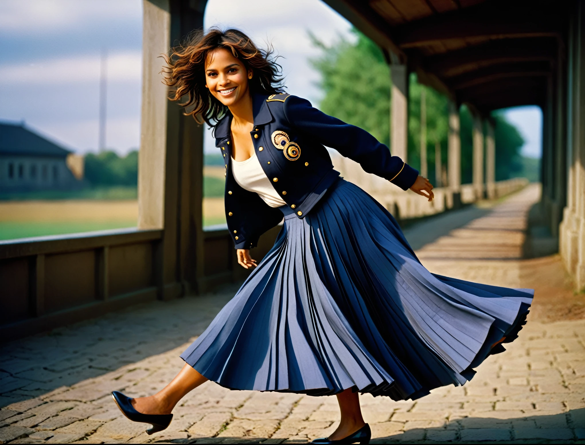 Halle Berry is A smiling, authentic, (shy:1,3), kind, beautiful woman, passionately in love with her skirt, wind wildly lifts her skirt, wearing uniform jacket and very, very detailed (long (fully pleated) full circle skirt) and (low heeled court shoes), very, very intricate hyper-detailed symmetric (attractive graceful young feminine face) with (sad, tired eyes and a loving smile), very voluptuous breasts, full of empathy and compassion and love, (pronounced (feminine) features), (highly detailed ultra accurate realistic) hands and fingers, (windy), epic composition, highly detailed attributes, (35mm f1.4 Kodak portra 400 photograph), extremely high quality RAW photograph, highly detailed atmosphere, sci-fi, cinematic shot, dynamic lighting, 75mm, Technicolor, Panavision, cinemascope, sharp focus, fine details, 8k, HDR, realism, realistic, key visual, film still, superb cinematic color grading, depth of field