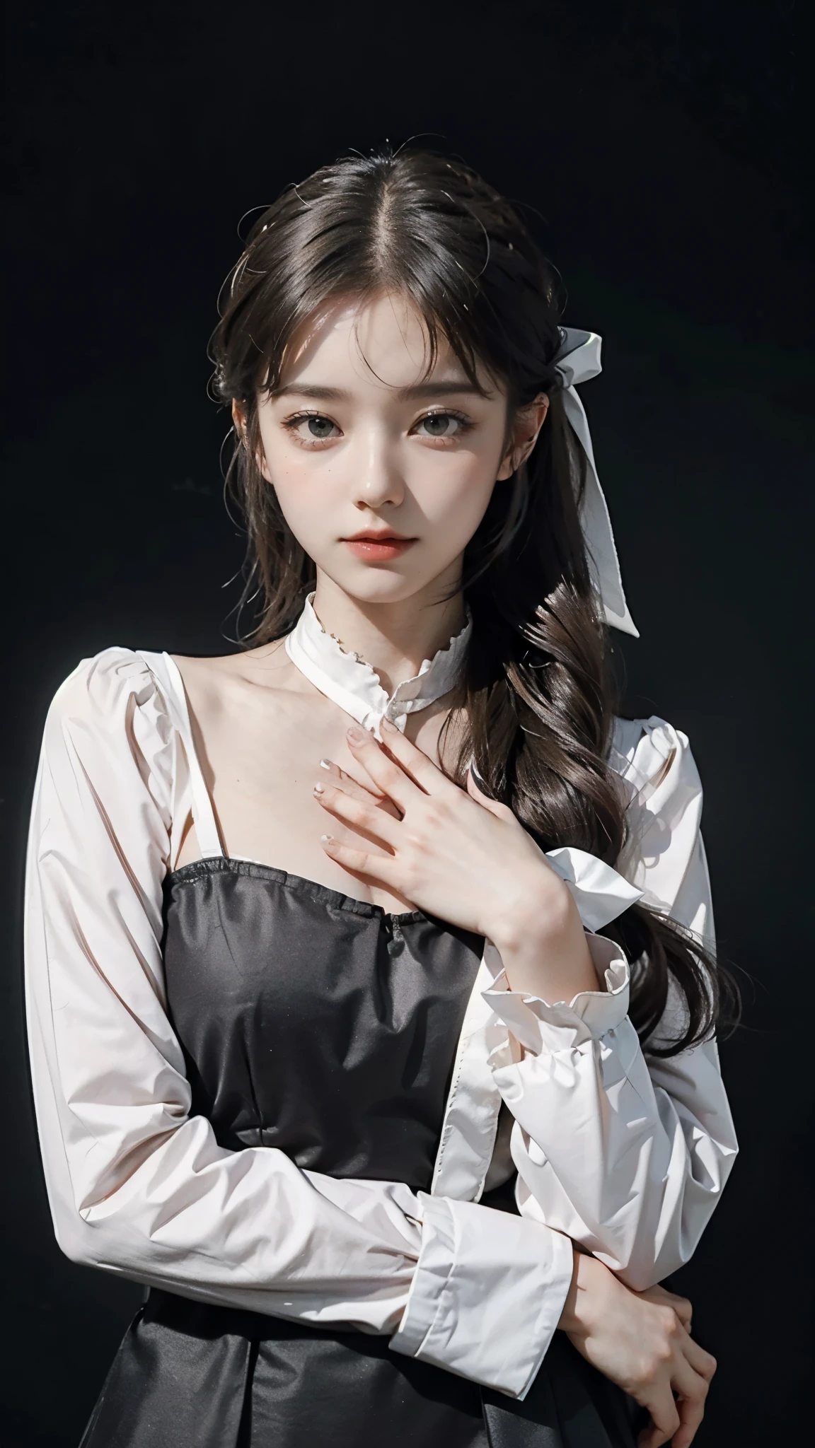 ((masterpiece, best quality)),best aesthetic,1girl, solo, long hair, black dress, flower, ribbon, black background, black hair, rose, hair ribbon, green eyes, long sleeves, white rose, closed mouth, black ribbon, upper body, cinematic lighting
