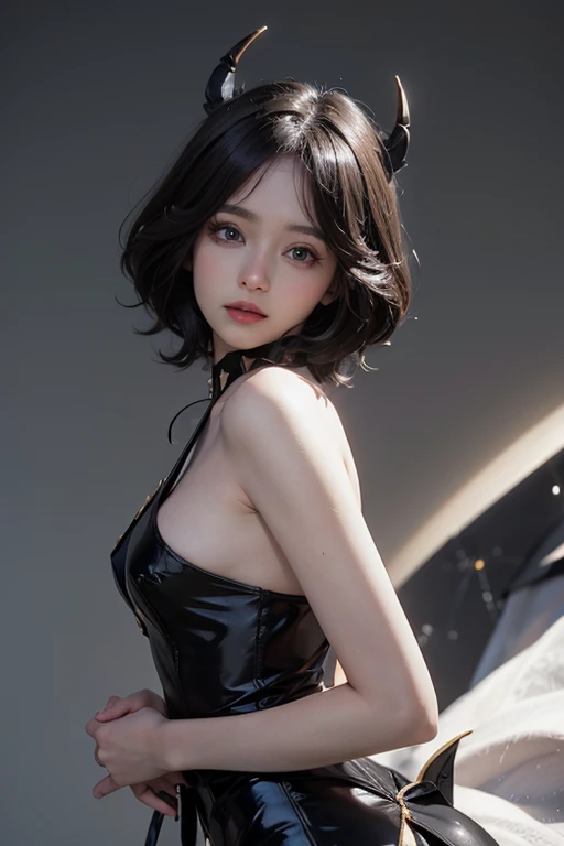 Goddess of Love, height: 165cm, weight: 40kg, length, Fluffy black hair and delicate features, Wearing flashy makeup. She is slender, . She has a beautiful figure. Her eyes are slightly narrowed, From front to toe. she is naked, Upper body、Do not wear any lower body clothing or underwear。, like a devil, wearing thigh-high boots. dark. artistic and high resolution. ,