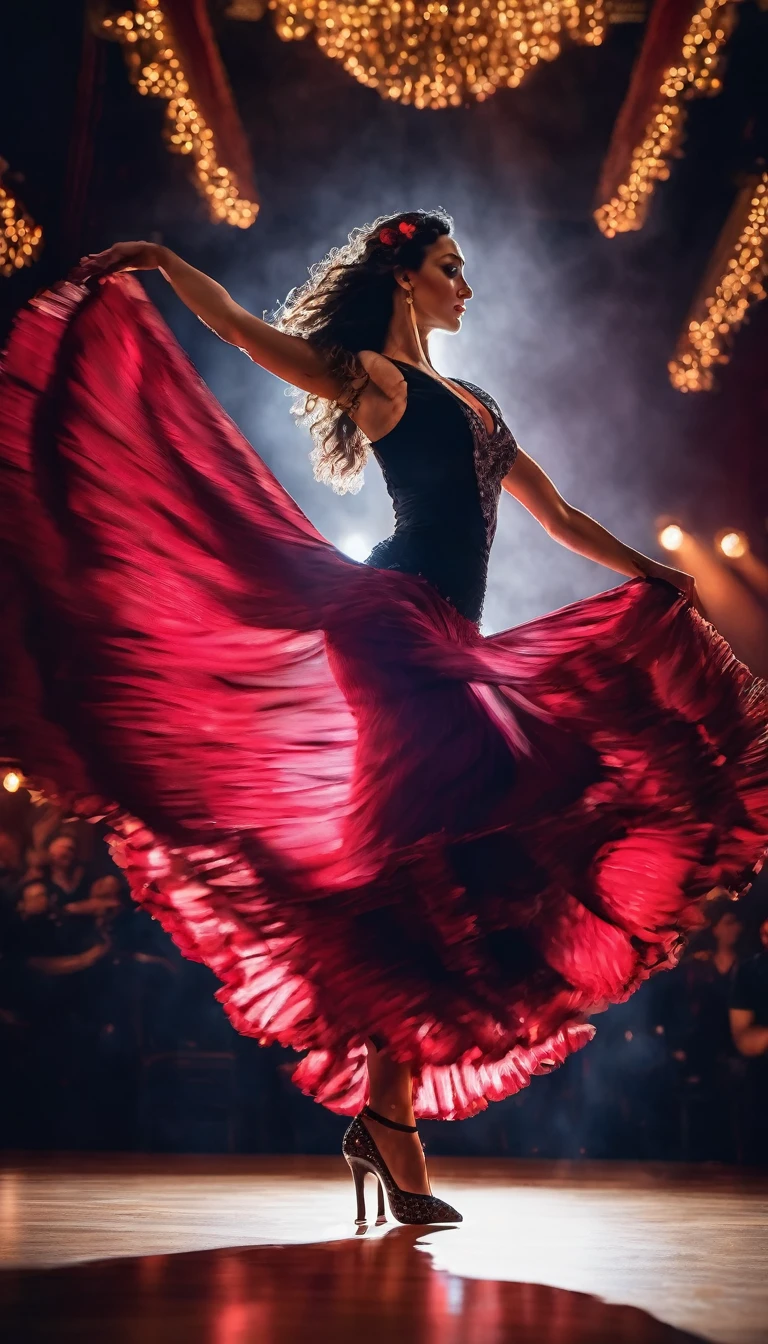 Highest quality, Realistic, photoRealistic, Award-winning photography, (Intricate details: 1.2), (Subtle details), (Intricate details), (Cinematic Light, Super sexy long hair woman, flamenco dancer, dance stage, huge bouncing chests, sexy long legs, dynamic sexy pose, sexy flamenco dancer's dress, long skirt, high heels, , Full body close-up),