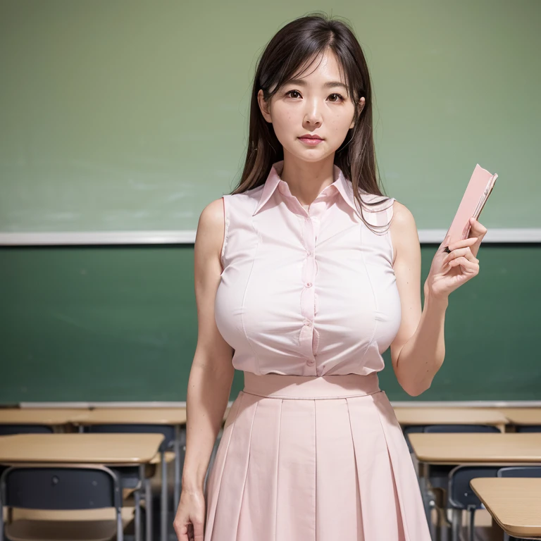 High resolution, High-level image quality, High definition, masterpiece, 8k, Anatomically correct, Professional Lighting, sharp, White Photo, ((Japanese middle-aged mature woman, 90 years old, Beautiful female teacher)), One person, ((Facial wrinkles)), Shapely large breasts, Straight, light brown, long hair that reaches the shoulders, Chubby body type, ((School classroom, Standing upright, holding the attendance book and looking at the viewer)), (((A light pink sleeveless summer buttoned shirt tucked into a skirt, Tight summer high waisted white long flared skirt))), A composition that shows what's under a skirt from the feet up