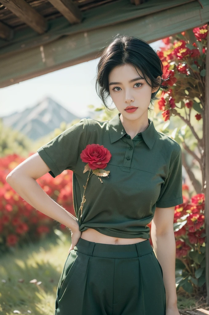 (((best quality))),(((ultra detailed))),(((masterpiece))),illustration,((1 beautiful girl,tomboy,solo)),(short black hair:1.3),((slim,thin)),((small breasts,thin)), vigorous, confident, (light green collared short-sleeved shirt:1.3), (dark green pants:1.2),(standing:1.3),simplicity, robustness, strong features, (Abandoned Gobi Scene:1.3),(Rock surface:1.2),glowing eyes, rebellious, sensible, (mountainous landscape:1.3), (beside a vibrant red flower:1.3),elegance, unyielding spirit, youthful beauty, strength, resilience, adversity, challenges,((from front,upper body))
