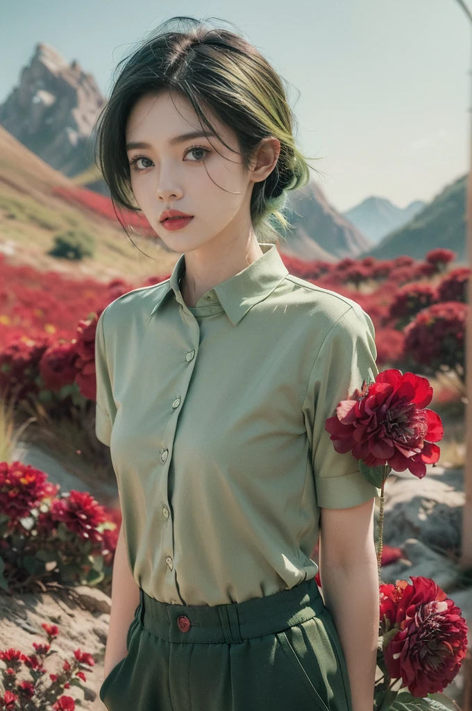 (((best quality))),(((ultra detailed))),(((masterpiece))),illustration,((1 beautiful girl,tomboy,solo)),(short black hair:1.3),((slim,thin)),((small breasts,thin)), vigorous, confident, (light green collared short-sleeved shirt:1.3), (dark green pants:1.2),(standing:1.3),simplicity, robustness, strong features, (Abandoned Gobi Scene:1.3),(Rock surface:1.2),glowing eyes, rebellious, sensible, (mountainous landscape:1.3), (beside a vibrant red flower:1.3),elegance, unyielding spirit, youthful beauty, strength, resilience, adversity, challenges,((from front,upper body))
