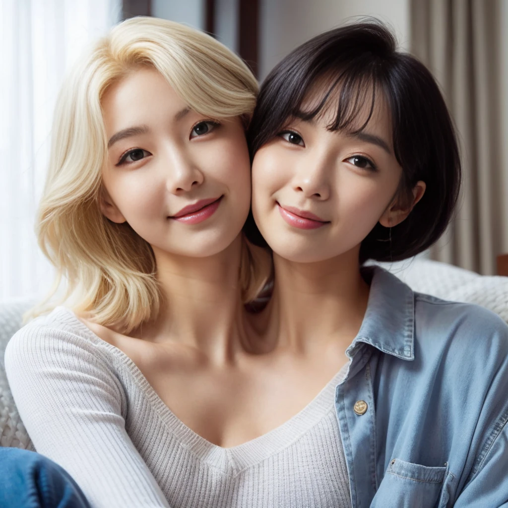 Best resolution, 2heads, young korean woman with two heads, blonde, black hair, , different faces, sweater, denim jacket, living room background