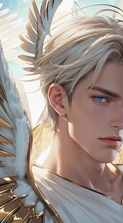 Quarter body shot (close-up:1.5),muscle,menstoga,in white and gold costume, male focus, solo, 1boy, (bare shoulders),looking at viewer, ice blue eyes,nude,(Seraphim:1.5), (multiple wings:1.5), in the sky, (floating:1.3), (midair:1.5), cloudan with wings), angel wings, glowing, bloom, platinum hair, outdoors, stars,golden feathers, (gold magic swirling),(Masculine face:1.2), half body shot