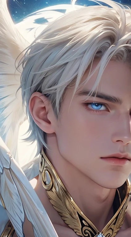 Quarter body shot (close-up:1.5),muscle,menstoga,in white and gold costume, male focus, solo, 1boy, (bare shoulders),looking at viewer, ice blue eyes,nude,(Seraphim:1.5), (multiple wings:1.5), in the sky, (floating:1.3), (midair:1.5), cloudan with wings), angel wings, glowing, bloom, platinum hair, outdoors, stars,golden feathers, (gold magic swirling),(Masculine face:1.2), half body shot