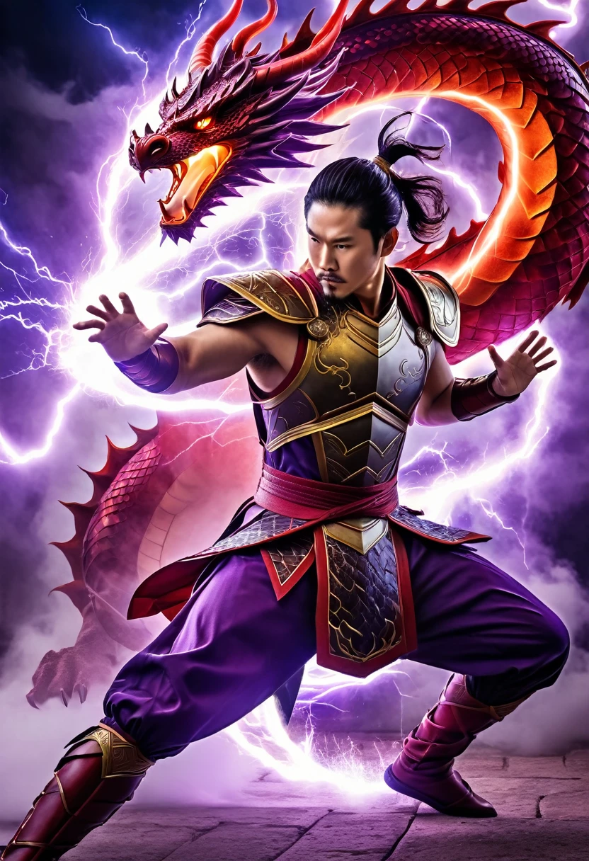 A man wearing a warrior costume, taking out knowledge in the form of lightning, spinning his whole body purple, behind a red dragon attacked him
