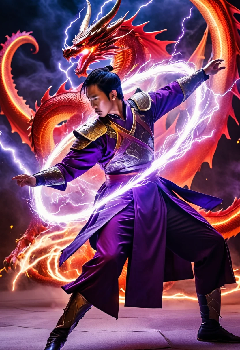 A man wearing a warrior costume, taking out knowledge in the form of lightning, spinning his whole body purple, behind a red dragon attacked him