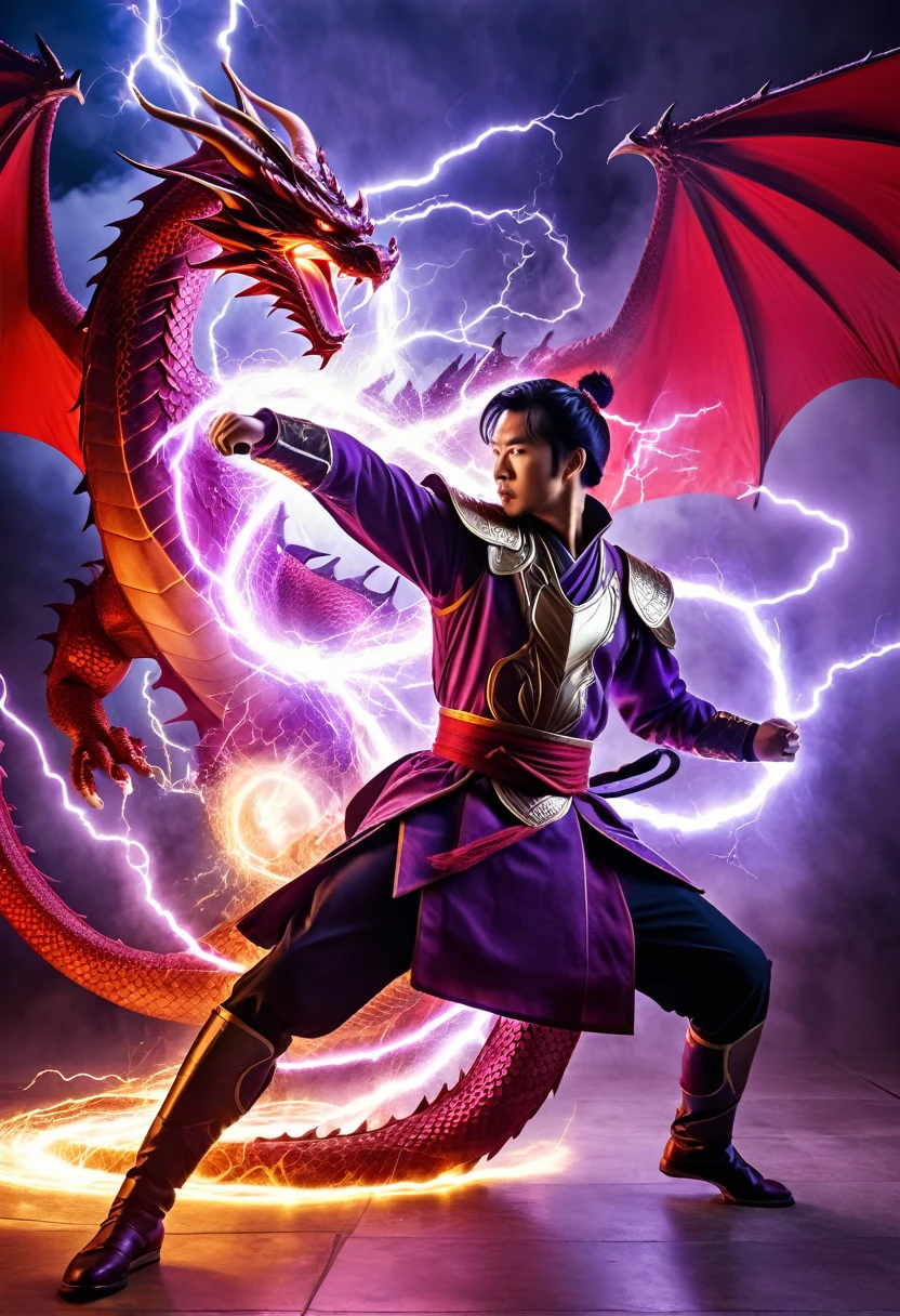 A man wearing a warrior costume, taking out knowledge in the form of lightning, spinning his whole body purple, behind a red dragon attacked him