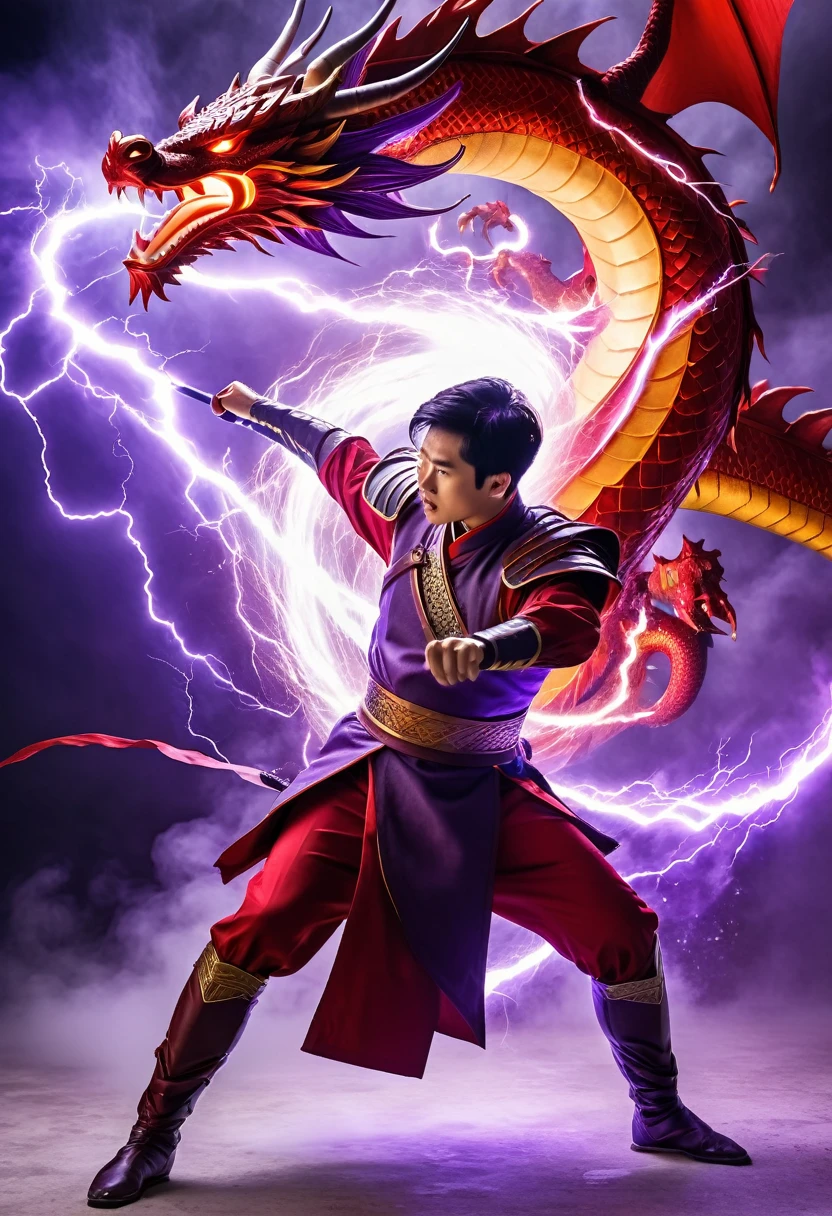 A man wearing a warrior costume, taking out knowledge in the form of lightning, spinning his whole body purple, behind a red dragon attacked him