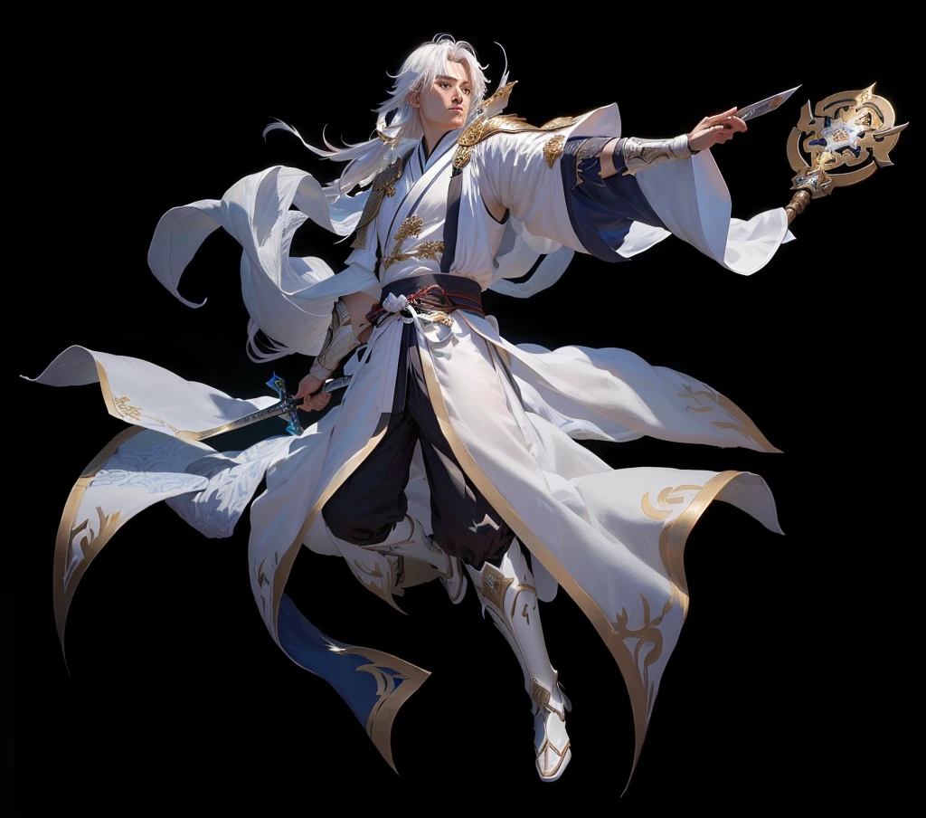 Close-up:Man in white robe holding sword, heise jinyao, 《Genshin Impact》Keqing, 《Genshin Impact》Zhongli, Inspired by Huang Shen, zhao yun, dragon, Onmyoji detailed art, xianxia hero, Olchas Logan Healing Liang Xing, inspired by Guan Daosheng