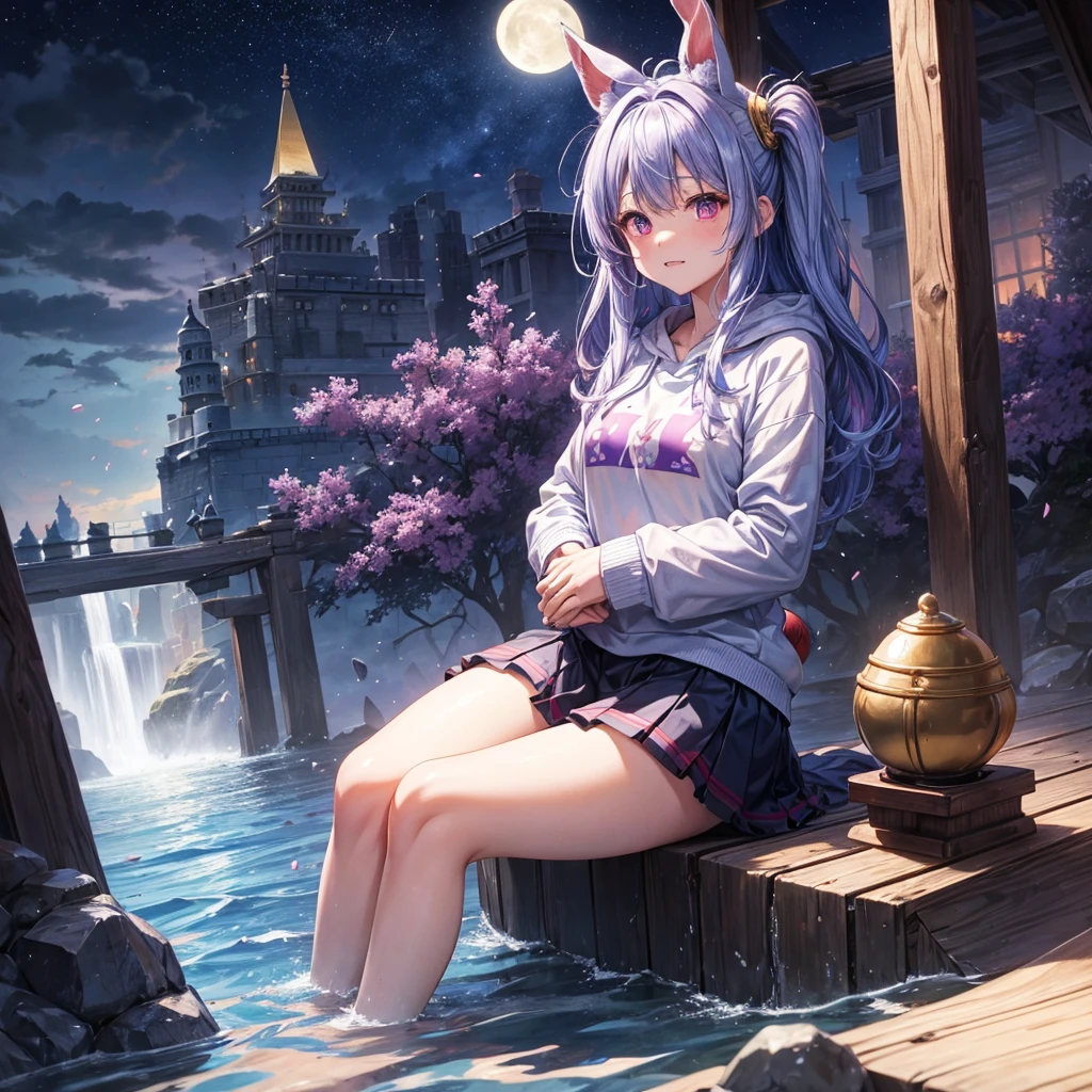 Blue-light purple hair、Red eyes、One cute girl、solo、And soul、Light clothing、Checked mini skirt、petal、Wet hair、Sit on、black t-shirts、Rabbit Hoodie、Has a button、large tree、cloud、Red full moon、desert、barefoot、Stones are piled up、Teeth are visible、Secret Treasure、Wooden chair、Fortress City、water is gushing out、Tilting face、Hands together、pyramid、Golden Bell