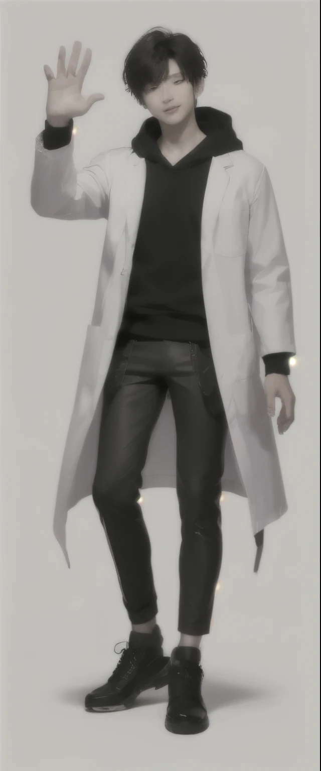 (photorealistic:1.2), (high detail face:1.3), (high detail hands:1.3), (anatomically correct hands:1.2), handsome young asian man, Japanese idol style, short clean-cut hair, ((center part)), (crisp white lab coat:1.3), ((black hoodie underneath:1.2)), (black pants:1.2), (black shoes:1.2), (enthusiastic expression:1.3), ((victory pose:1.4)), (both arms raised:1.3), (clenched fists:1.3), (energetic stance:1.2), plain white background, mid-shot portrait, full body view, high quality, detailed, 8K, (realistic skin texture:1.2), (sharp focus:1.1), (contrast between white coat and black clothing:1.2)