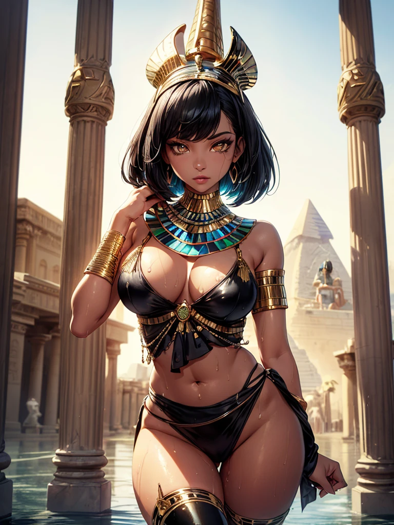 girl from ancient Egypt,1girl, (large breasts:1.4),saggy breasts,((((Pixie cut hair,black hair:1.5,colored inner hair)))),(((pink_eyes:1.3))),intricate eyes,beautiful detailed eyes,symmetrical eyes,big eyes:1.2,((((lustrous skin:1.5,tanned skin,bright skin: 1.5,skin tanned,shiny skin,very shiny skin,shiny body)))),(spider lower abdomen,narrow waist,wide hip,athletic body,inflated legs,thick thighs),(((detailed face))),beautiful detailed lips, cute,slutty,sensual,seductive look,seductive,((erotic)),opulent,sumptuous,((nsfw)), (white cape,Fur trim,), gold thigh highs, ((gold thong)), pelvic curtain, ((gold Tabard,golden dress,egyptian dress in gold, a gold corset stitched in front)),(A girl wearing a gold spider pattern costume),revealing clothes,show skin,((huge cleavage:1.5)),(((Gorgeous Deep V Neck Loose Dress, Erotic Costumes, Large Open Neckline, (Full Chest Support Suit), Jackpot Accessories, Earrings, Necklaces, Bracelets))),(((eyeshadow,egyptian makeup,eyelid makeup))), dynamic and seductive pose,looking at viewer,conceited,centered,scale to fit dimensions,Rule of thirds, outdoors,pillars,((pillars background,egyptian palace,egyptian palace background,pyramids in the background)),scenery,extremely scenery,(puddles everywhere,moss,moss on the background), Egypt style,Egypt castle,lily pads,palms,(sunset, golden hour), (Glossy Egyptian ornaments),highres,sharp focus,(ultra detailed,extremely detailed),(photorealistic artwork:1.37),(extremely detailed CG unity 8k wallpaper),(((vibrant colors,vibrant theme))),(intricate),(masterpiece),(best quality),artistic photography,(photography taken by sldr),(intricate background),perfect rendered face,perfect face details,realistic face,photo realistic,((intricate detail)),(((realism))),detailed eyes, detailed hands, detailed eyes, elf woman, flowers, wet hair, laying on bed, flowers
