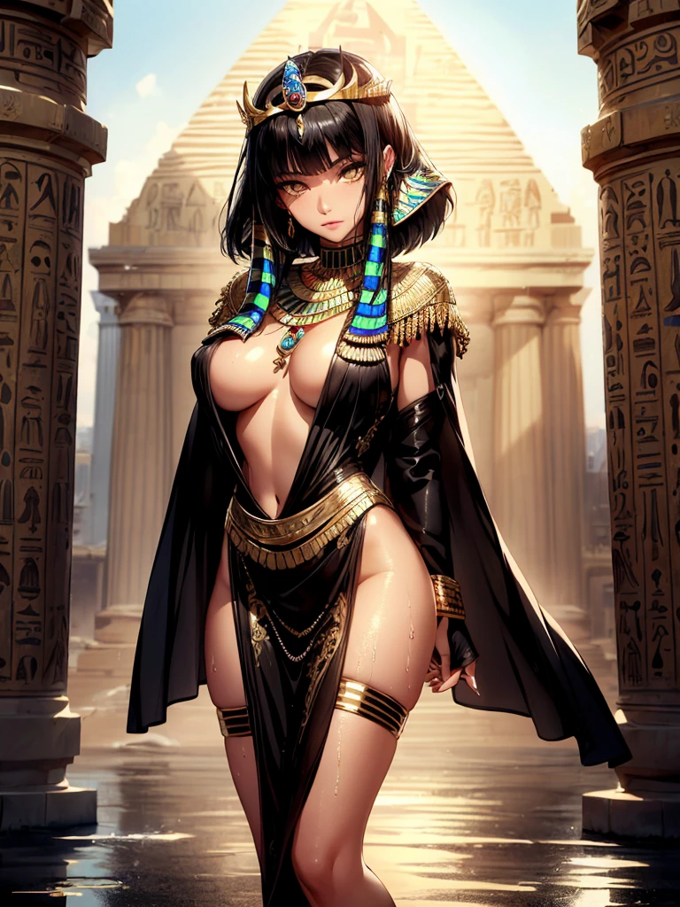 girl from ancient Egypt,1girl,necklace,((((black race)))),(((tan,dark skin,black skin:1.35,dark-skinned_female,dark skin:1.3,ebony skin))),

(large breasts:1.4),((((Medium hair, Bob haircut,((black straight hair)),bang:1.5,colored inner hair)))),(((golden_eyes:1.3))),intricate eyes,beautiful detailed eyes,symmetrical eyes,((((lustrous skin:1.5,tanned skin,bright skin: 1.5,skin tanned,shiny skin,very shiny skin,shiny body,Reflective skin)))),(spider lower abdomen,narrow waist,wide hip,athletic body,inflated legs,thick thighs,(detailed face)),beautiful detailed lips,

cute,slutty,sensual,seductive look,seductive,((erotic)),opulent,sumptuous,((nsfw)),

cleopatra,(((Egyptian goddess))),Isis,Egyptian mythology,expression of evil,Egyptian clothing,queen of the Egyptian,majesty,beauty body,,Egyptian style,perfect flesh full of texture,egyptian tiara:1.5,nemes:1.3,zettai ryouiki,revealing clothing,show skin,cleavage,((egyptian outfit)),((intricate egyptian outfit)),egyptian accessories,(egyptian jewelry in her arms),usekh collar,earrings,(((hair tubes))),(((eyeshadow,egyptian makeup,eyelid makeup))),(((pelvis curtain))),(((wet clothes,intricate outfit,embroidered outfit,ornate outfit,intricate cloth,embroidered cloth,ornate cloth))),

(flirtatious pose:1.3), looking at viewer,embarrassed,centered,scale to fit dimensions,Rule of thirds,

outdoors,pillars,((pillars background,egyptian palace,egyptian palace background,pyramids in the background)),scenery,extremely scenery,(puddles everywhere,moss,moss on the background), Egypt style,Egypt castle,lily pads,palms,(sunset, golden hour),

(Glossy Egyptian ornaments),(top-quality,8K,32K,​masterpiece),high resolution,(Photorealistic:1.4),Ray tracing,Sun glare,depth of fields,By backlight effect,Add depth to your screen,(((vibrant colors,vibrant theme))),(intricate),(high contrast,photorealistic artwork:1.37),(best quality,4k,highres,masterpiece:1.2),ultra-detailed,(realistic,photorealistic,photo-realistic:1., sultry look, seductive