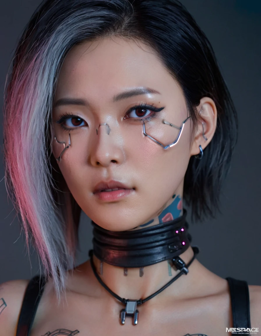 A stunning 4K photo-realistic image of a cyberpunk demi-human girl with an Asian face. Her visage is adorned with intricate machine implants, including a sleek silver visor that covers her eyes, revealing only a small slit for vision. These implants enable advanced sensory input and communication with her cybernetic systems.

Her skin is pale, with visible scars that tell a story of her past battles and a faint line where her flesh meets the cold metal of her implants. The seams are barely noticeable, indicating skilled integration between her organic and mechanical components.

Her hair is black, spiked up in an aggressive yet stylish manner. Small LED lights are integrated into the strands, flickering with various colors to match her mood. The hair is a statement piece, reflecting her rebellious spirit. The overall atmosphere of the image is captivating, photo, her body is embedded with mechanical implants under the skin, cyborg arms,  cyberware lines embedded in her face, , (Photorealsitic)、(intricate detailes:1.2)、(​masterpiece、:1.3)、beauty face, (top-quality:1.4)、(超A high resolution:1.2)、超A high resolution、(A detailed eye)、(detailed facial features), ((Realistic lighting、top-quality、8K、natural light, ​masterpiece:1.3))、bright photo, Clear focus:1.2、1girl in、flawless beauty:1.4、Superfine Face、big Narrow-eyed、double eyelid、photos realistic, perfect eyes, perfect skin, detailed skin, detailed face, looking viewer, front view, potrait, raw photo, simple soft pink background, (intricate detailed skin textured:1.4) front view, looking viewer, clear face, 1 girl、porate、Bright and very beautiful face、beautiful girl, A stunning close-up portrait showcasing the beauty of a Korean model. The composition features soft, natural lighting , bright eyes, and striking cheekbones.