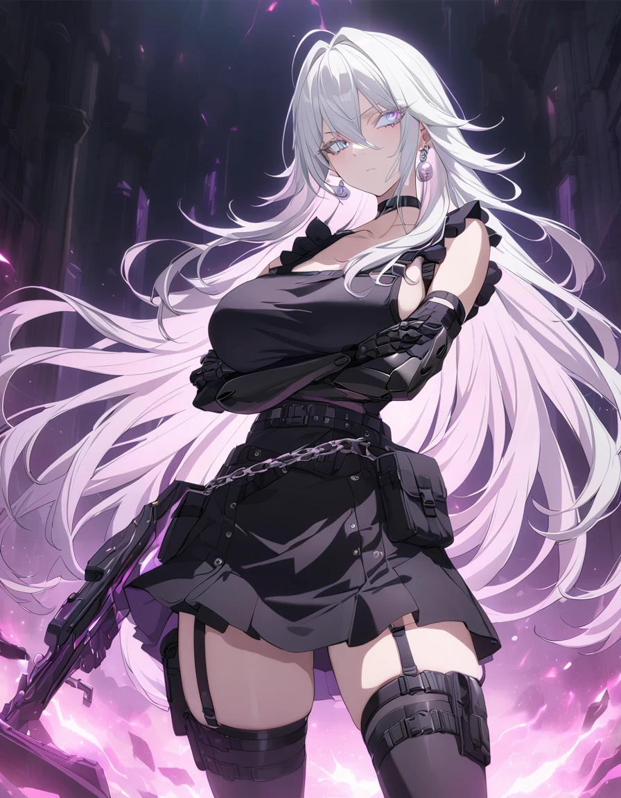 sovetsky_Soyuz, Pearlescent eye color, long hair, earrings, choker, webbed belt, tactical, pouches, chain, black maid outfit, frills, apron, weapon Holster, webbed belt, tactical, pouches, short skirt, metal gloves, black thigh highs, large breasts, sharp eyes, Long eyelashes, eye shadow, long white hair, ominous vibe, expressionless, stoic, arms crossed, aesthetic light glow, shadowy, Ultra quality, UHD, high detail, anime aesthetic, Anime screenshot, Ultra quality, UHD, high detail