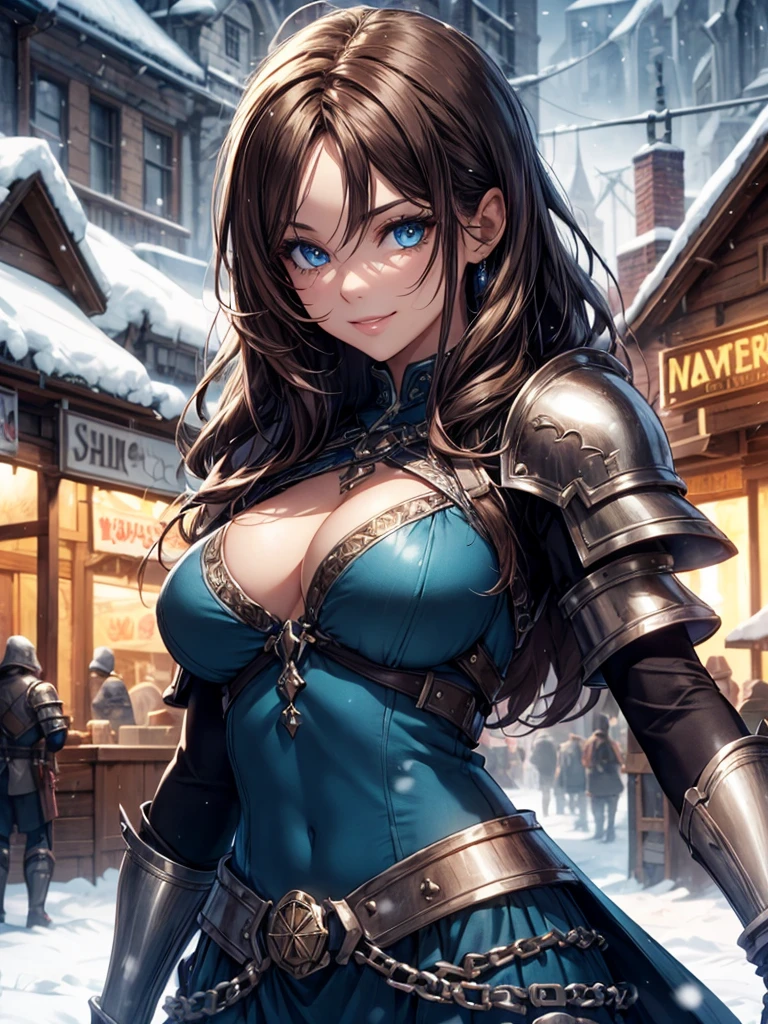 ((Extremely detailed)), 4K, ((cinematic lighting)), Close up, fantasy world, medieval, cobblestone city, wooden stone houses, snow, marketplace, market stalls, adult woman, royal guard, long brown hair, blue eyes, ((beautiful eyes)), happy look, grin, blue tunic, armor, steel plate shoulders, gauntlets, chainmail, big breasts sultry look, seductive