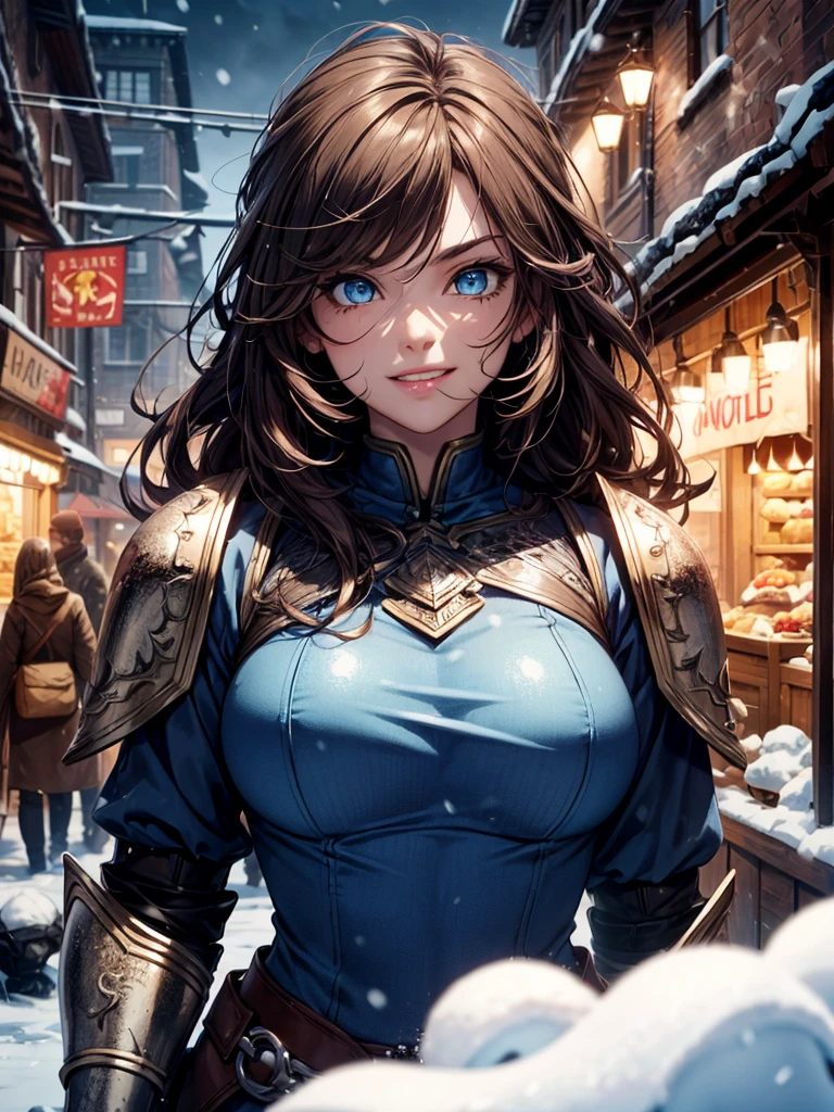 ((Extremely detailed)), 4K, ((cinematic lighting)), Close up, fantasy world, medieval, cobblestone city, wooden stone houses, snow, marketplace, market stalls, adult woman, royal guard, long brown hair, blue eyes, ((beautiful eyes)), happy look, grin, blue tunic, armor, steel plate shoulders, gauntlets, chainmail, big breasts sultry look, seductive