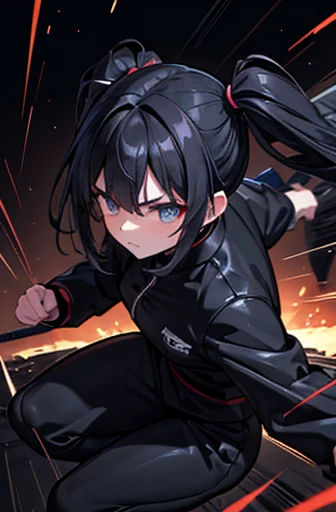 Martial Arts,black suits,sunglasses,twintail,black hair,masterpiece,best quality,super detailed,super fine illustration,8k,dynamic angle,battle scene,in dark room,detailed background,Break she is running forward.