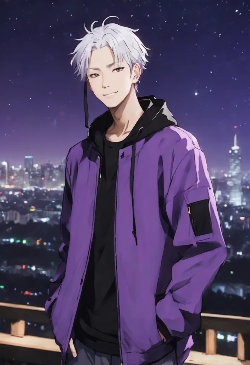 score_9, score_8_up, score_7_up,
SatoruGojo, solo, smile, short hair, long sleeves, 1boy, closed mouth, jacket, upper body, male focus, blurry, night, blurry background, high collar, blindfold, covered eyes, black blindfold, purple jacket,
 