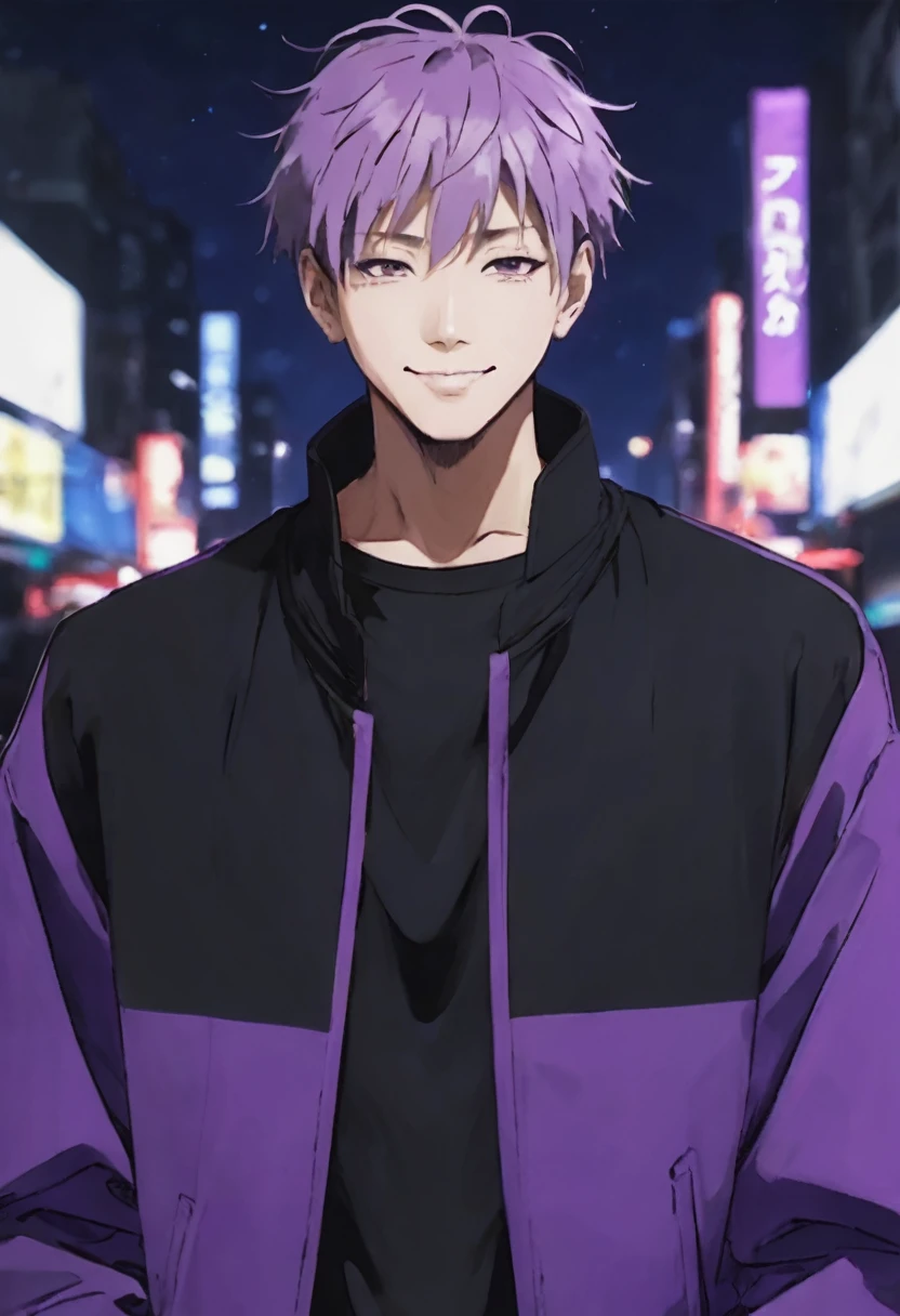 score_9, score_8_up, score_7_up,
SatoruGojo, solo, smile, short hair, long sleeves, 1boy, closed mouth, jacket, upper body, male focus, blurry, night, blurry background, high collar, blindfold, covered eyes, black blindfold, purple jacket,