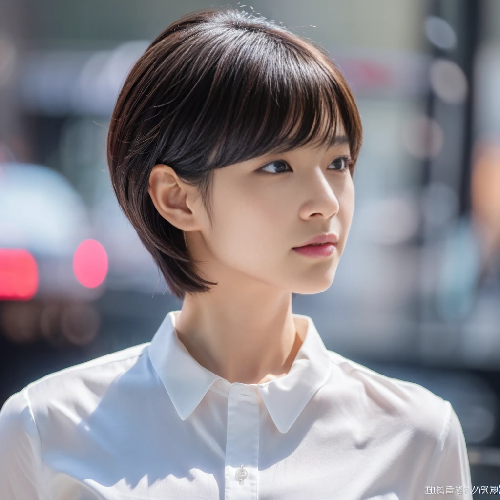 ((Highest quality、In 8K、masterpiece:1.3))、Sharp focus:1.2、Beautiful woman perfect body:1.4、Slim Abs:1.2、((Short Hair:1.2))、(trendy fashion in tokyo、shirt:1.1)、Background white、Wet body:1.5、Three-dimensional texture、Detailed eyes、(Brown Hair、Black Hair:1.2)、Very shiny hair、Backward view、Hair quality improvement、Handsome short、Short-haired blonde、No text、Lower text eraser