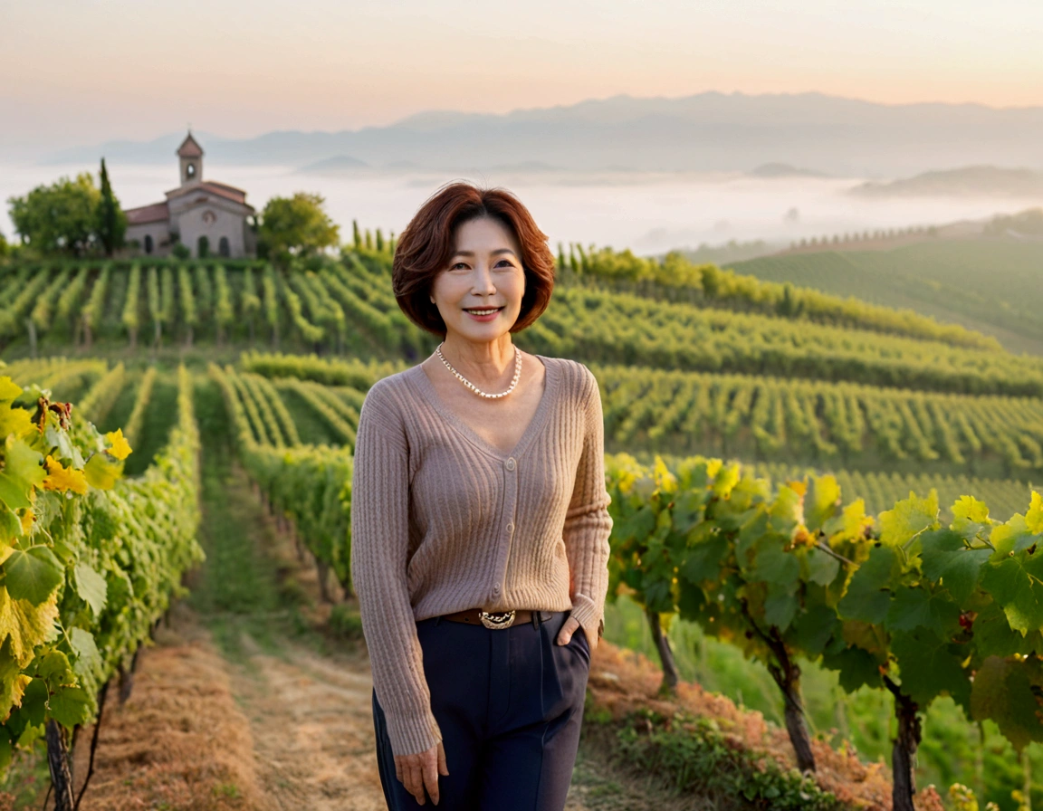 Italy foggy countryside dawn, Endless vineyards, A cathedral can be seen far away in the fog.. Close-up of a Korean woman in her 40s, Wearing a luxury brand slightly thick knit, casual pants, Korean woman with beautiful short medium bob hair, Standing on a path on top of a vineyard hill, Beautiful Korean woman with bright and clear skin, Stunning Korean woman smiling, standing in the vineyard , Cowboy Shot Pose, small pearl necklace, 1 woman