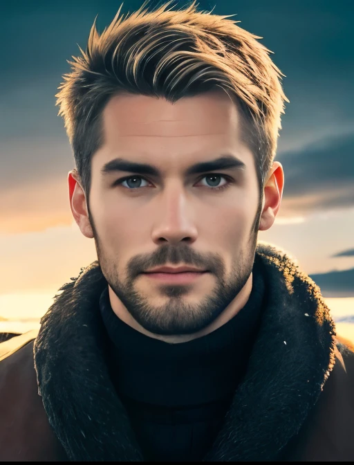 a handsome Icelandic man, focus on the face.