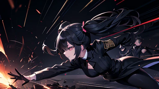 Martial Arts,black suits,sunglasses,twintail,black hair,masterpiece,best quality,super detailed,super fine illustration,8k,dynamic angle,battle scene,in dark room,detailed background,Break she is running forward.