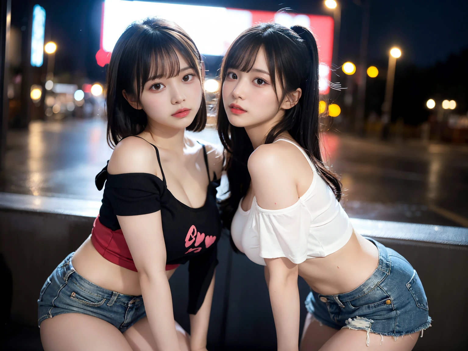 masterpiece, highest quality, figure, Super detailed, small details, High resolution, 8k,wallpaper, Perfect dynamic composition,(Detailed high quality, realistic depiction of eyes:1.3), 2 girls, Off-the-shoulder T-shirt and denim mini shorts, short bob hair, black hair color, big natural color lip, bold sexy pose, (perfect body shape), crying a little、harajuku style、20 year old girl、cute type、ta、beautiful feet, night club, Burning idol pose, plump thighs, after sex,(heart:1.3), Sweat