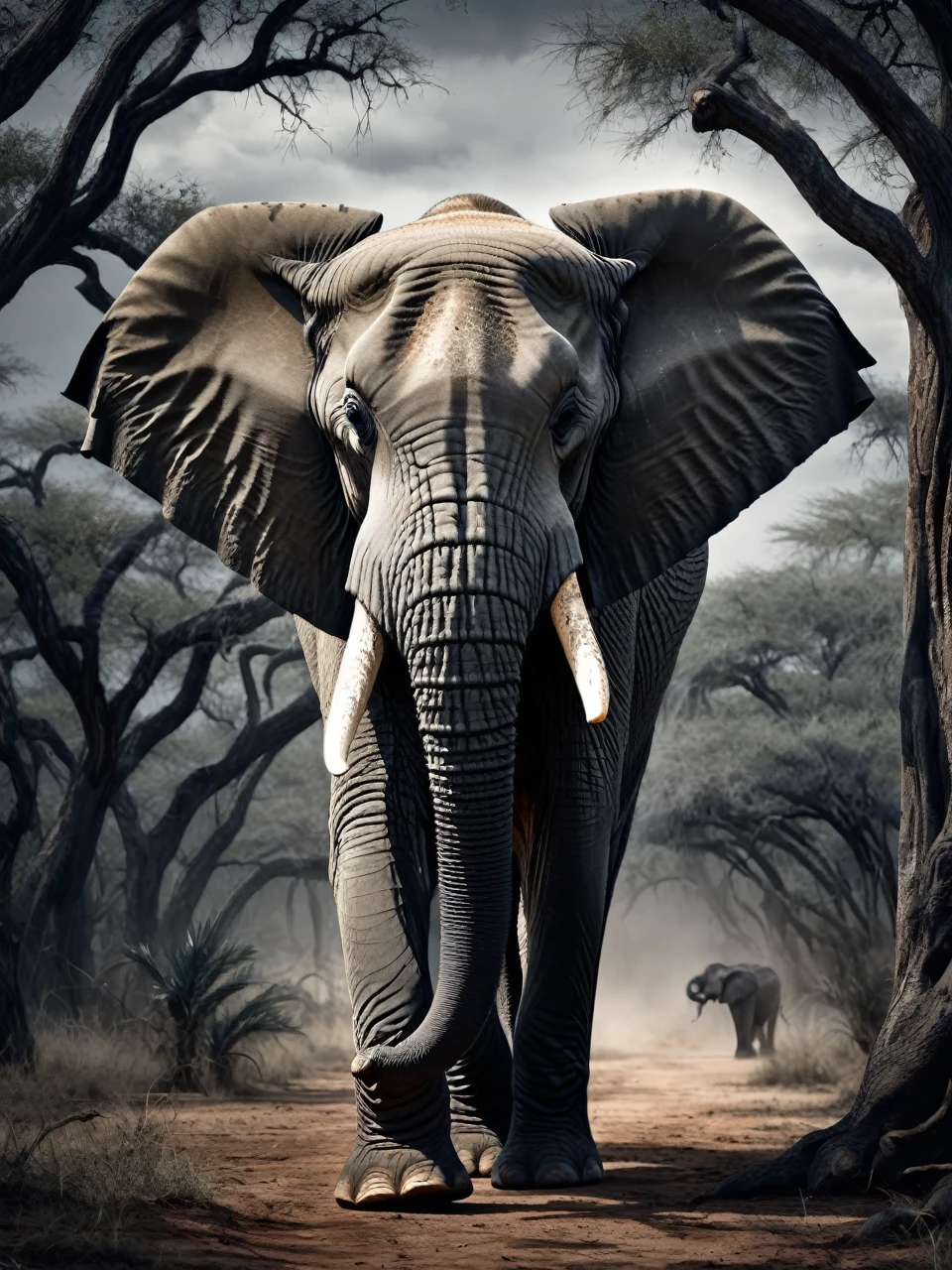 Angry gray elephant. Savannah in dark tones. Trunk raised. Pointed ivories. Shaded trees. dark sky