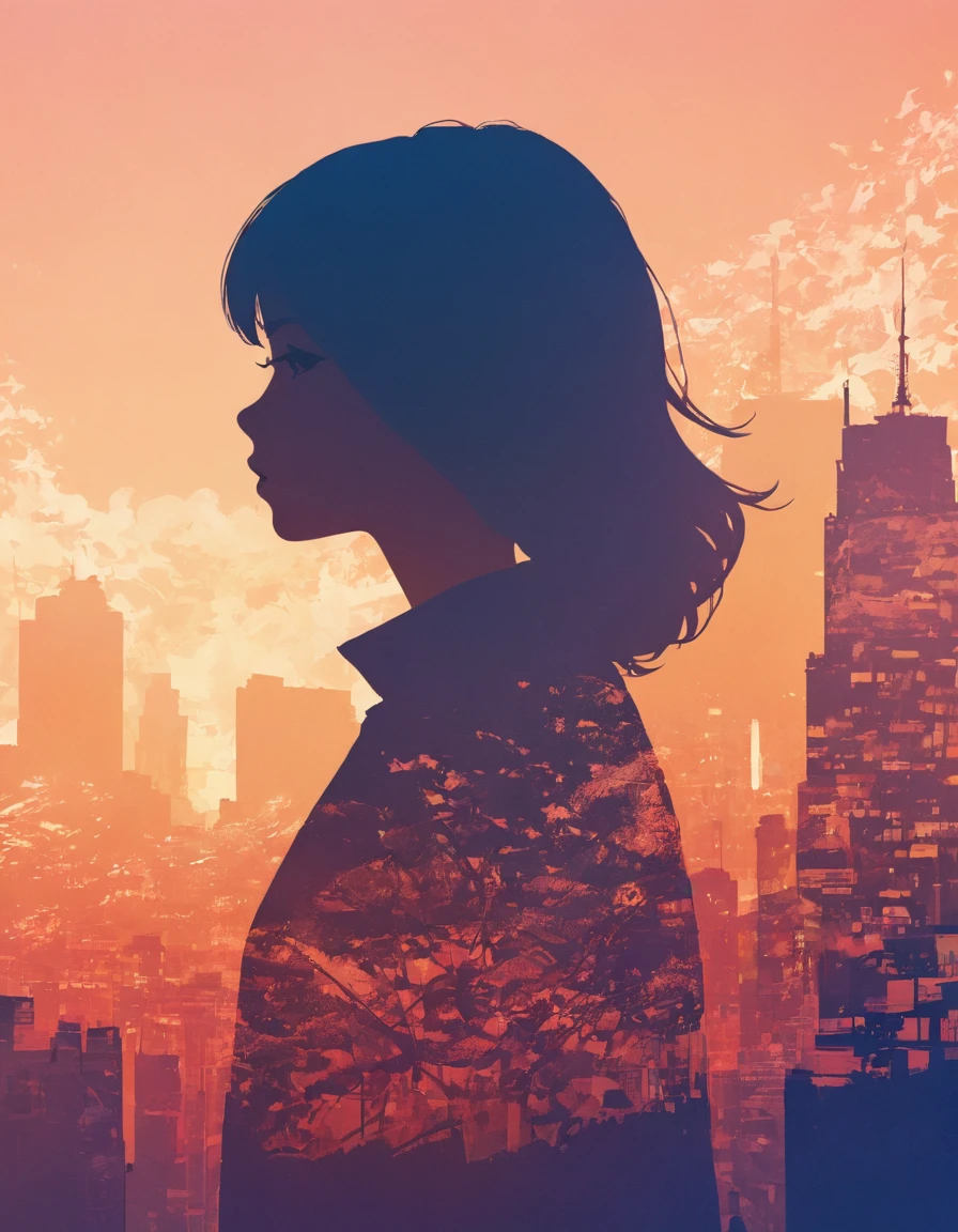 Silhouette of a girl, City、close, Double Exposure, The background is a gradation、