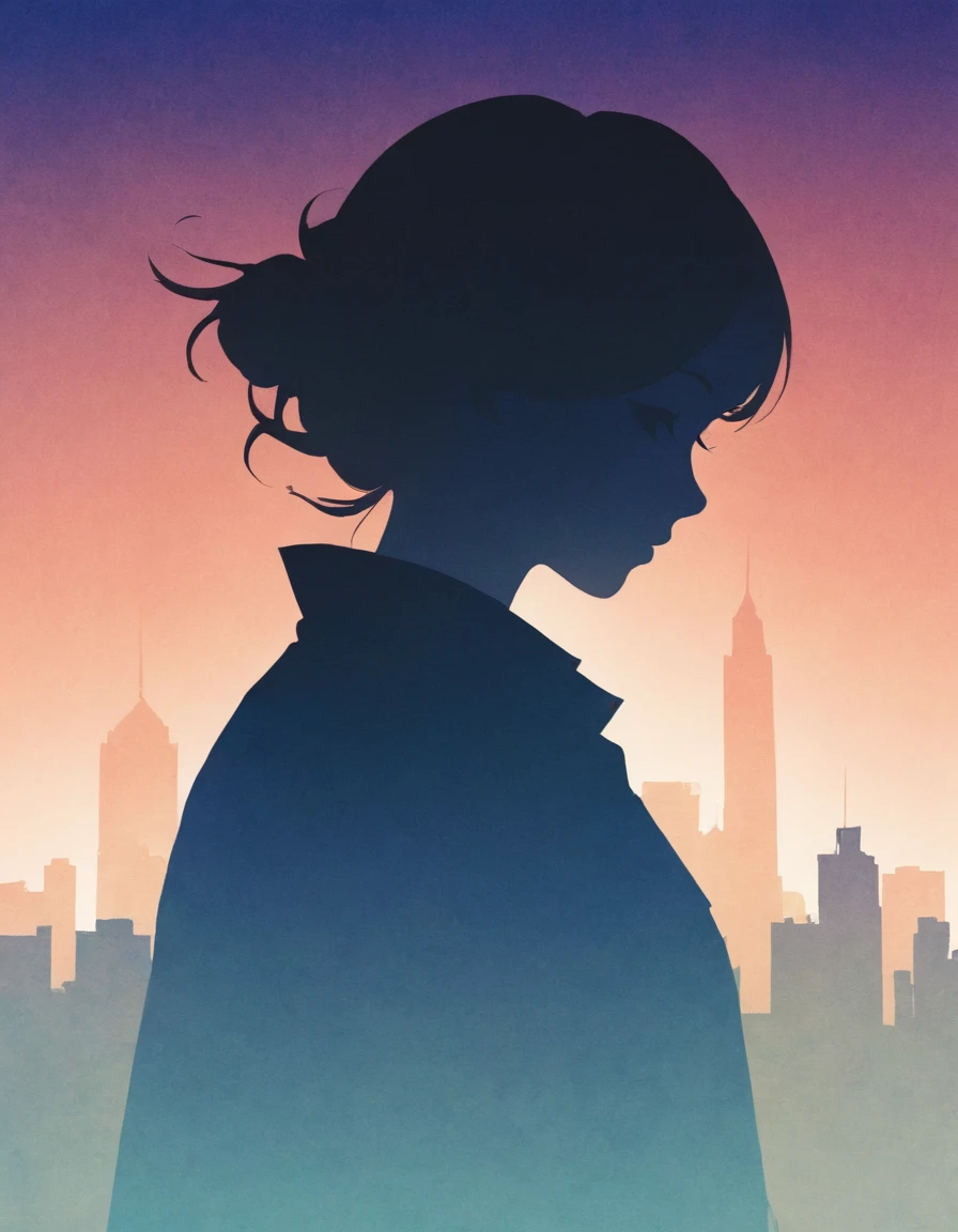 Silhouette of a girl, City、close, Double Exposure, The background is a gradation、