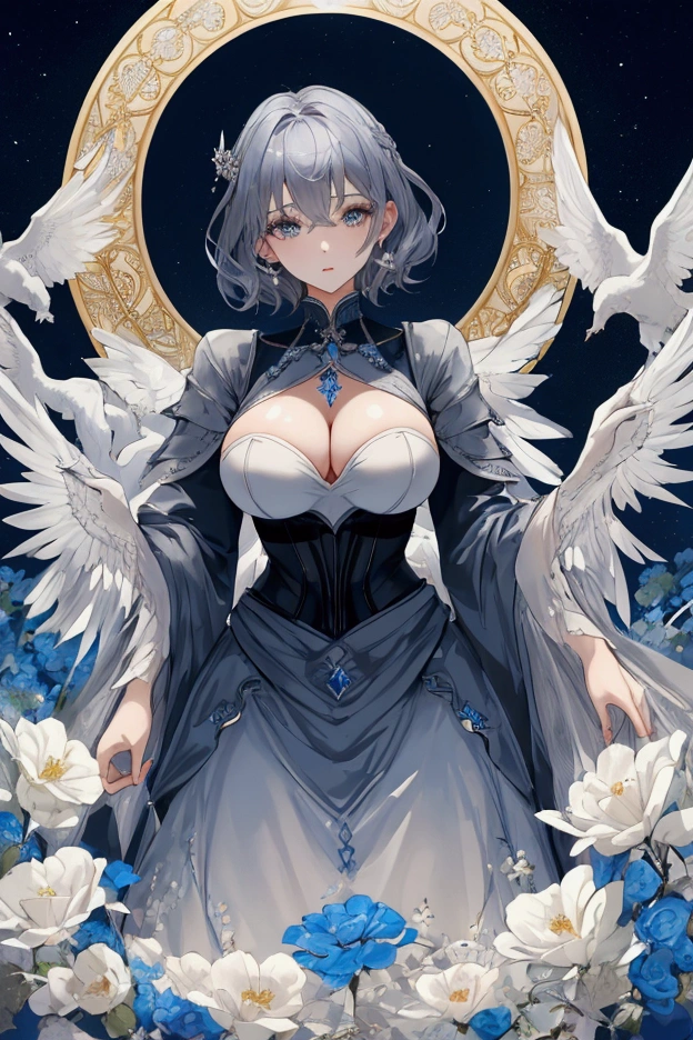 Highest quality, masterpiece, Ultra-high resolution, Beauty、Big Breasts、bluish-gray hair、Beautiful short hair、Well-proportioned face、Tied waist、Fair skin、smooth skin、Neat clothes、Are standing、Good Witch、kneel、He was executed shortly afterwards by having his head cut off.