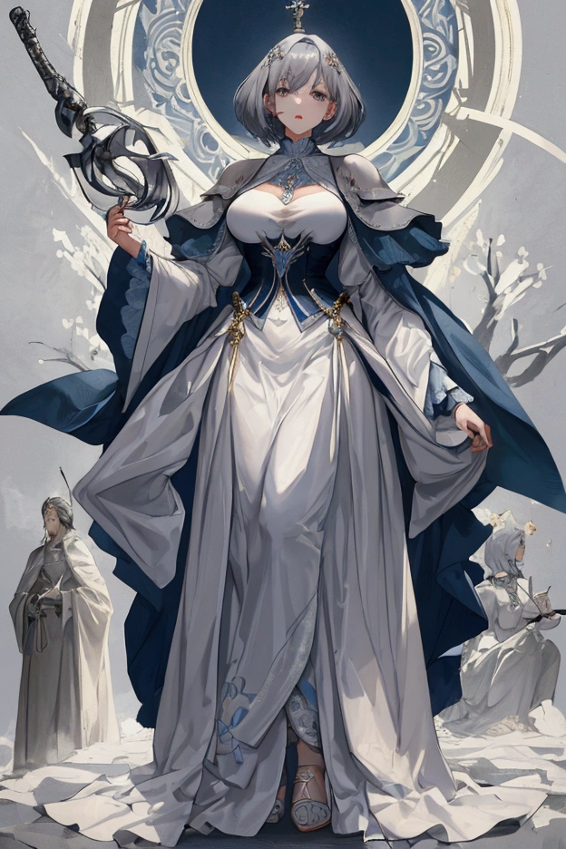 Highest quality, masterpiece, Ultra-high resolution, Beauty、Big Breasts、bluish-gray hair、Beautiful short hair、Well-proportioned face、Tied waist、Fair skin、smooth skin、Neat clothes、Are standing、Good Witch、kneel、He was executed shortly afterwards by having his head cut off.