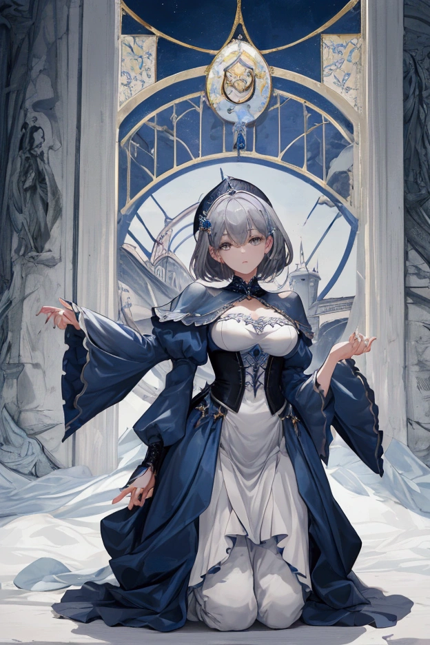Highest quality, masterpiece, Ultra-high resolution, Beauty、Big Breasts、bluish-gray hair、Beautiful short hair、Well-proportioned face、Tied waist、Fair skin、smooth skin、Neat clothes、Are standing、Good Witch、kneel、He was executed shortly afterwards by having his head cut off.