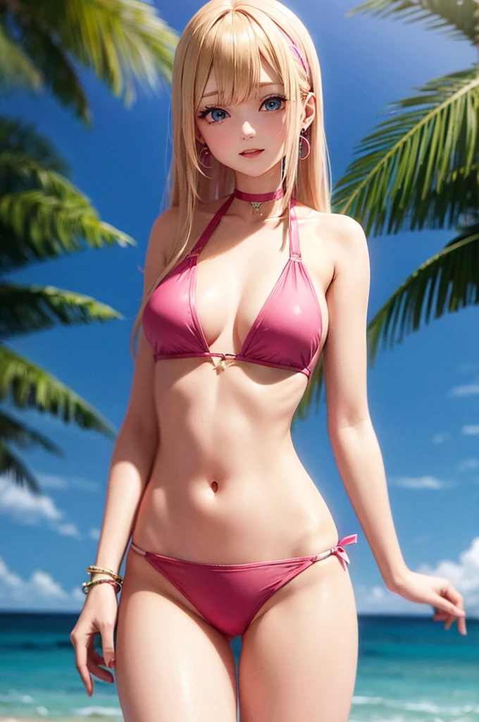 Blonde　long hair　Blue Eyes　Pink hair accessories　Gal　Beauty　Earrings　vivid pink swimsuit　blue sea